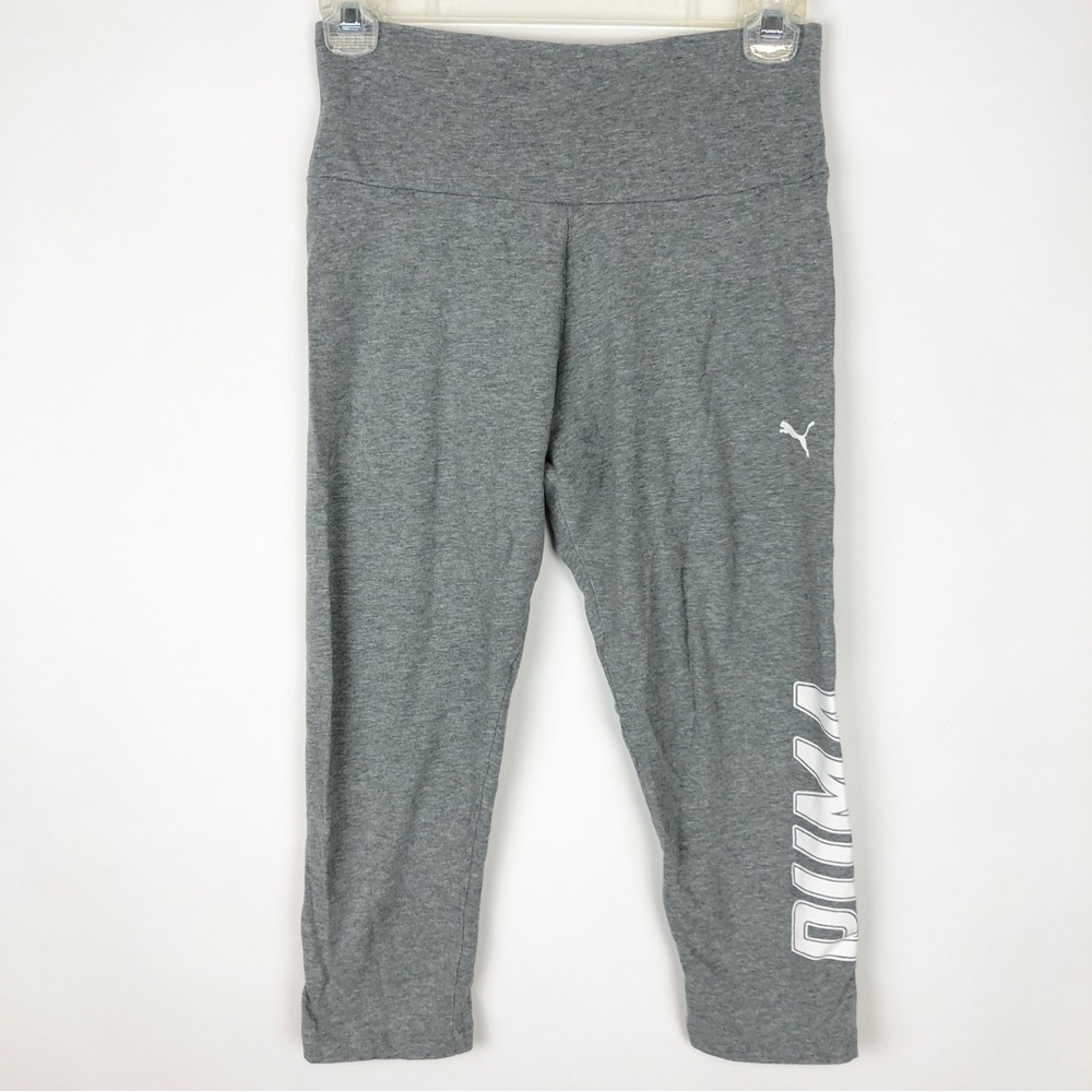 PUMA Light Gray White Text High Rise Yoga Pants Cotton Stretchy